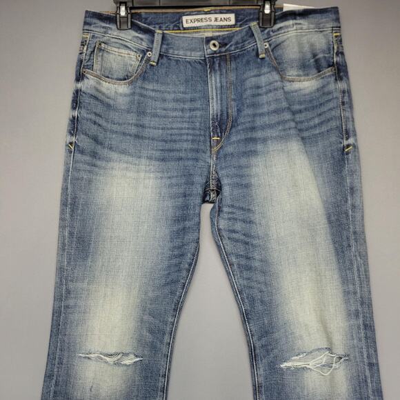 Express Kingston Jeans Mens 36x30 Blue Distressed Straight Leg Classic Fit Denim - Picture 3 of 16